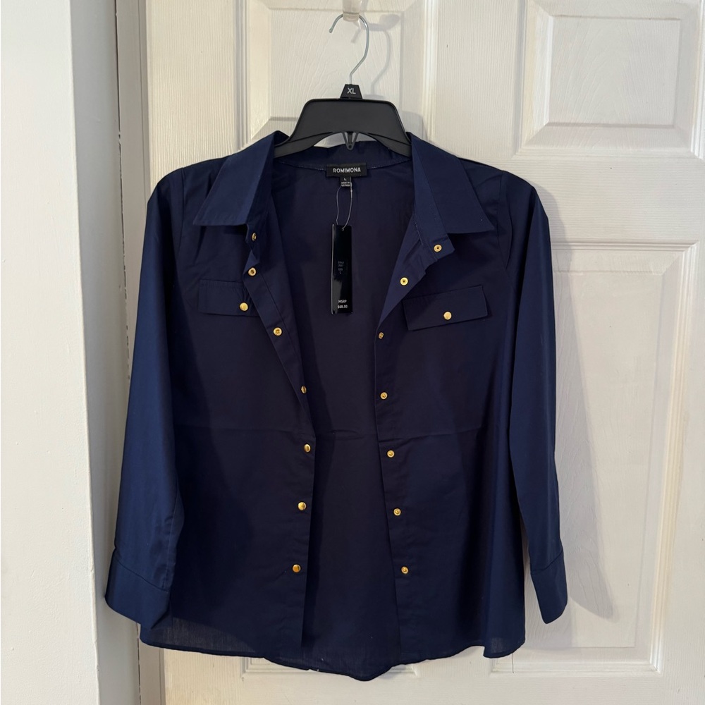 Blue Western-Inspired Blouse with Snap Details